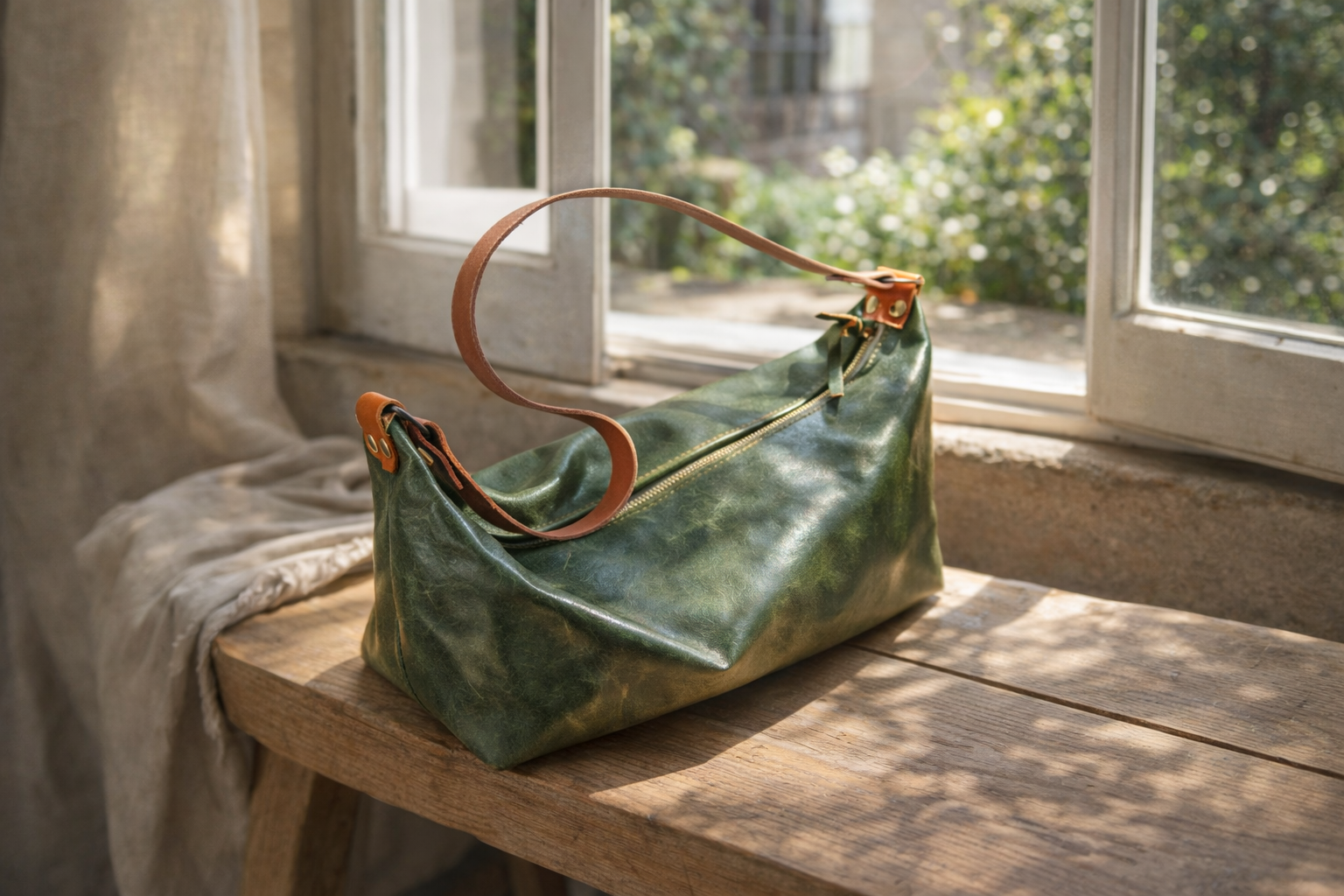 Sac bandoulière en cuir | Fait main avec fermeture éclair | Vert et moutarde