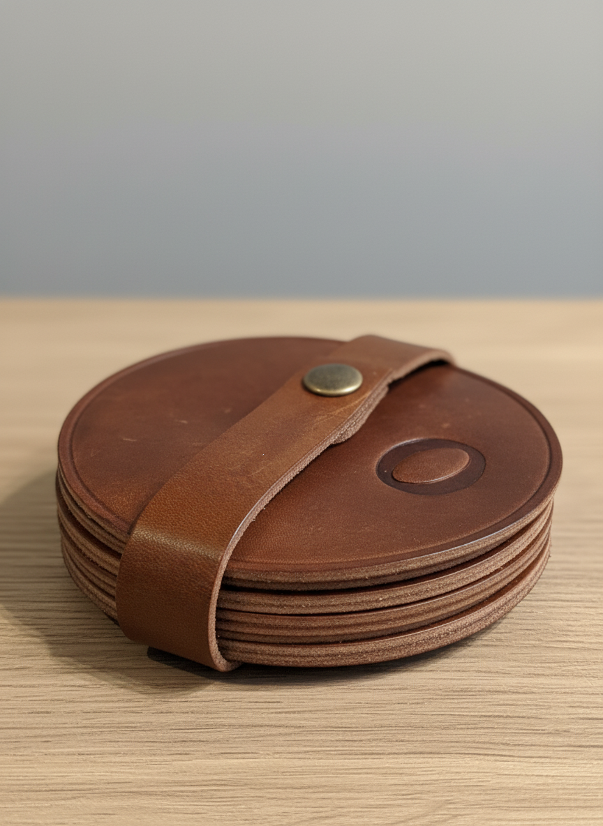 Leather coaster in brown leather 