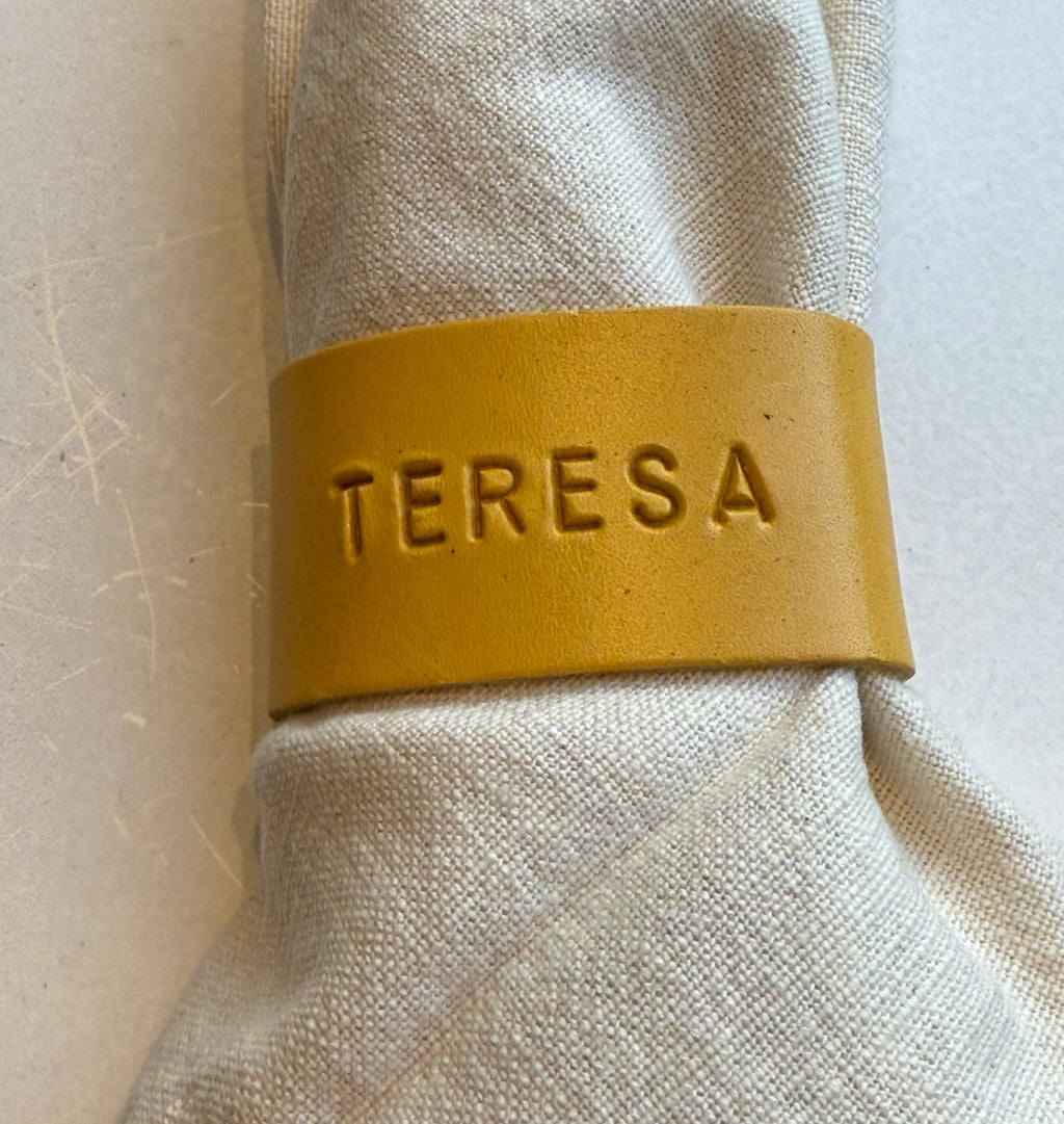 Personalized Leather Napkin Ring with Hand Engraving