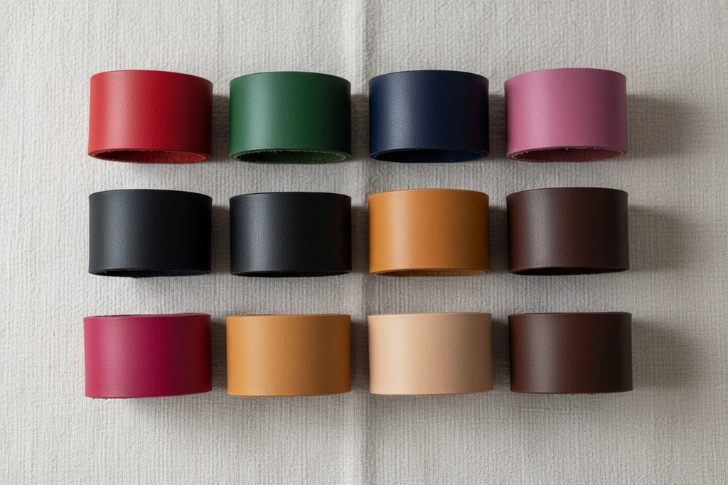 Argolas couro — flat lay cores
