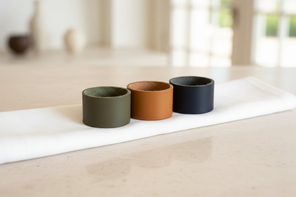 Argolas couro — premium editorial
