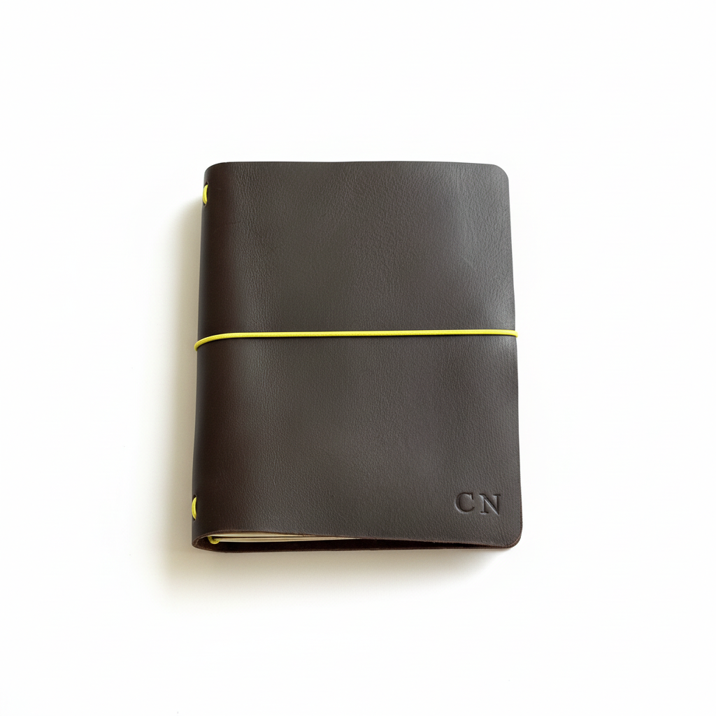 Caderno de couro castanho com elástico amarelo - vista angular