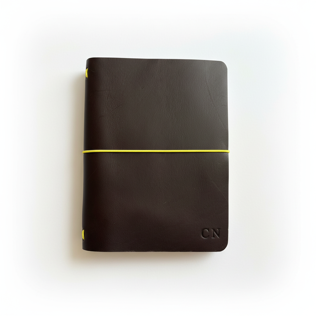 Caderno de couro castanho com elástico amarelo - vista frontal