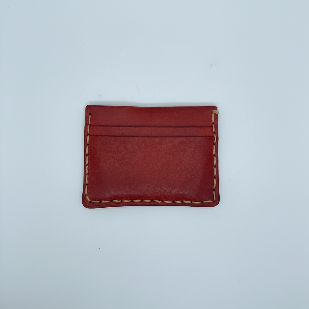 Carteira em couro vermelho com costura manual - vista frontal