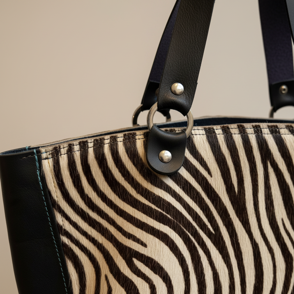 Detalhe da mala - padrão zebra e alças de couro