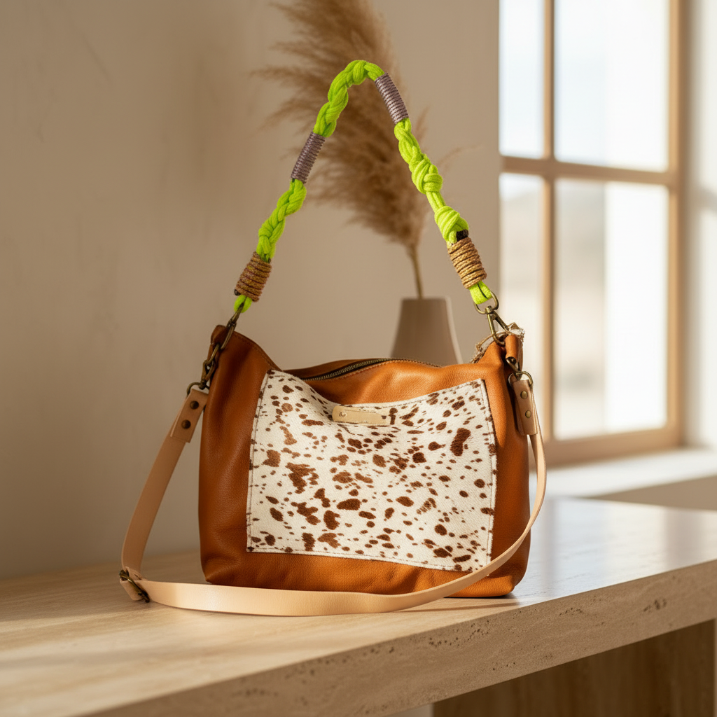 Saco em Cabedal e Pelo Artesanal Único - Mala Luz Boho Chic