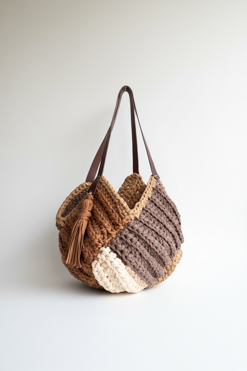 Mala em Crochet - feita à mão em cores bege e castanho 