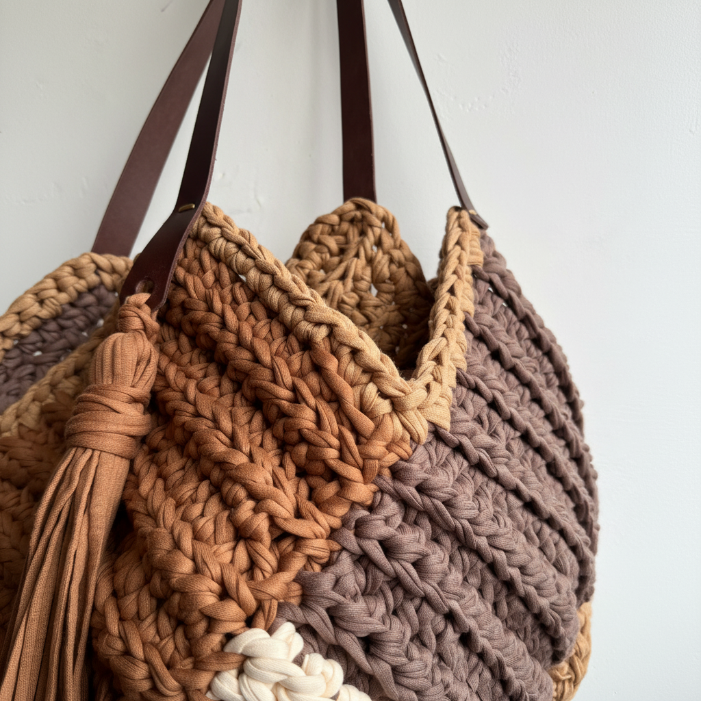 Mala em Crochet  e couro castanho 