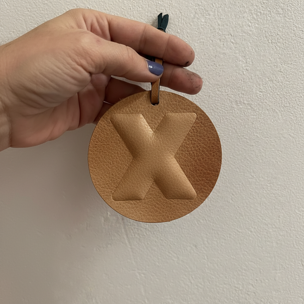 Porta-chaves em couro natural com X em relevo