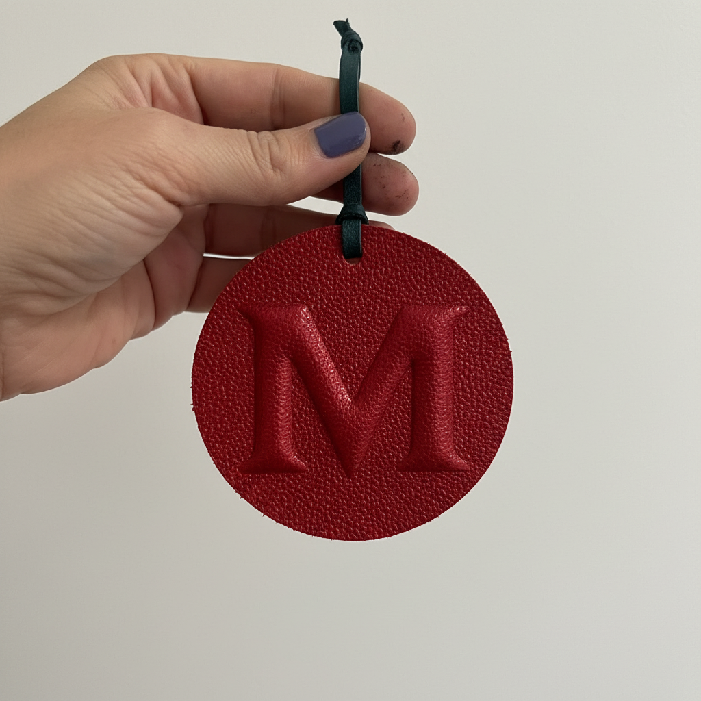 Porta-chaves em couro vermelho com M em relevo