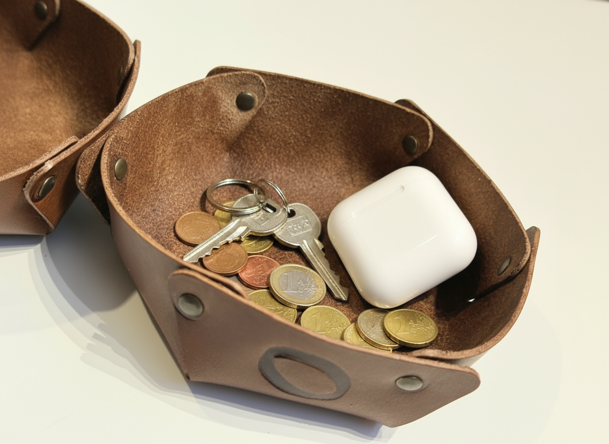 Tabuleiro em pele com chaves, moedas e AirPods