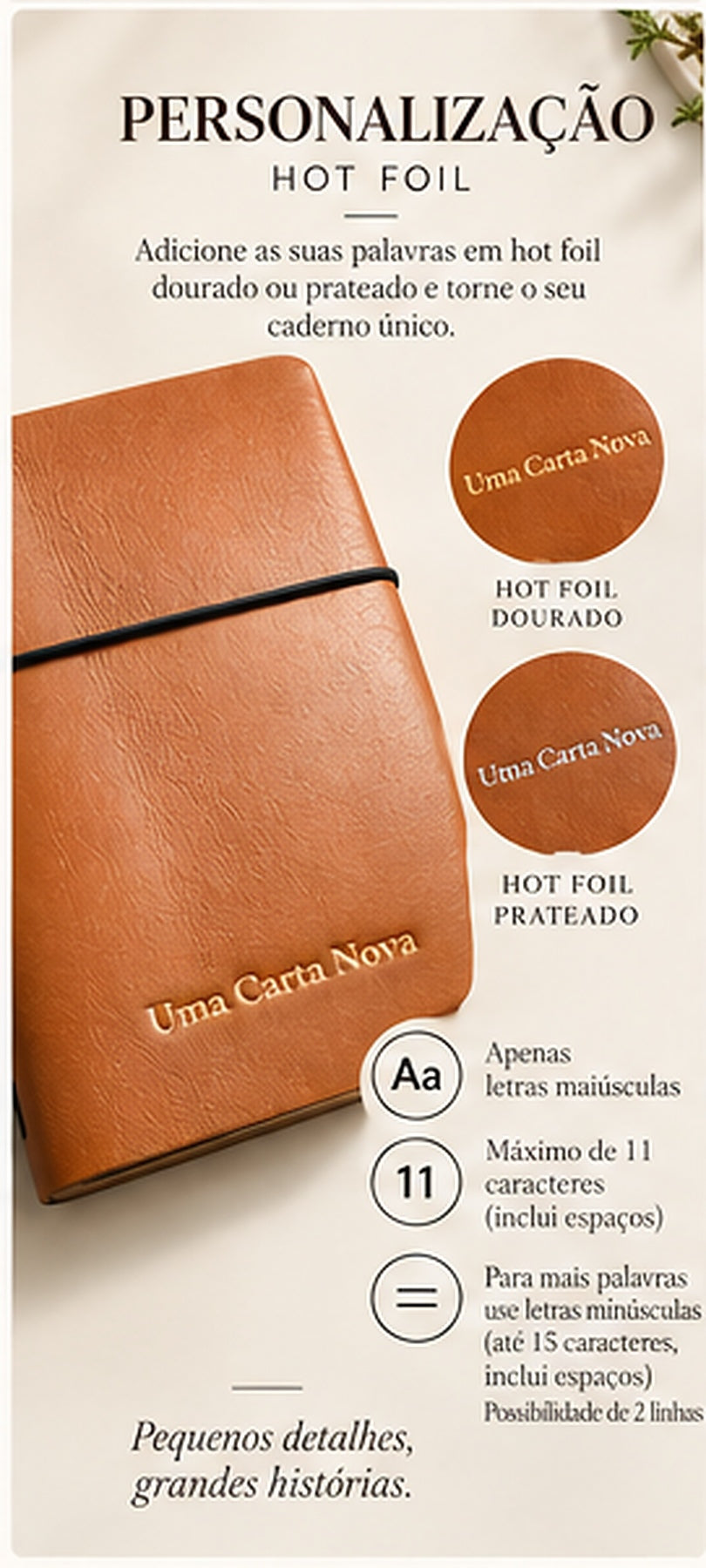 Exemplos de personalização Hot Foil para caderno de couro personalizado