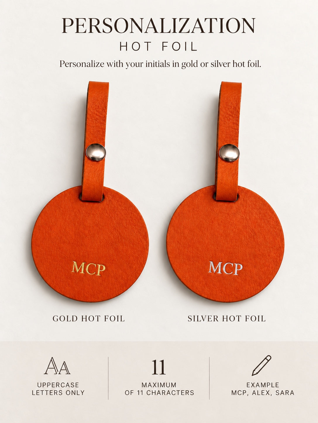 Personalização de caderno de couro com hot foil dourado ou prateado, letras maiúsculas até 11 caracteres