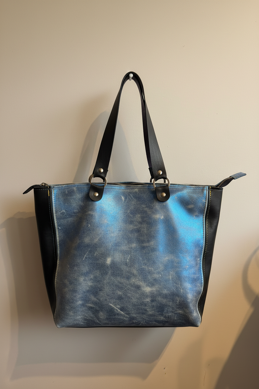 Vista traseira da mala de couro azul